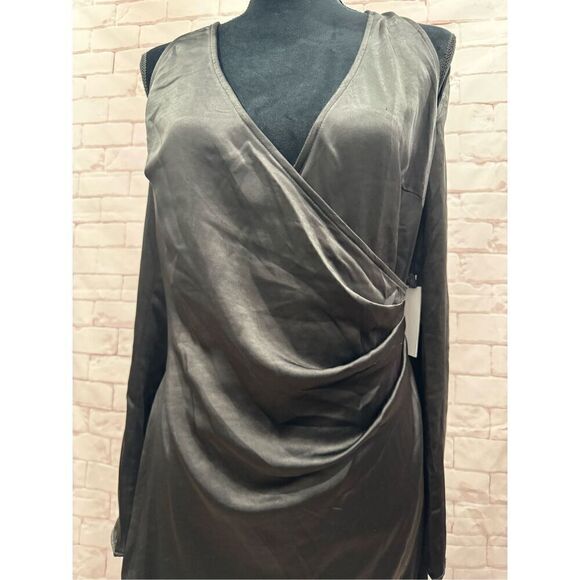 Black Cold Shoulder Long Sleeve Mini Dress Wrap V Neck Cocktail - Picture 7 of 14